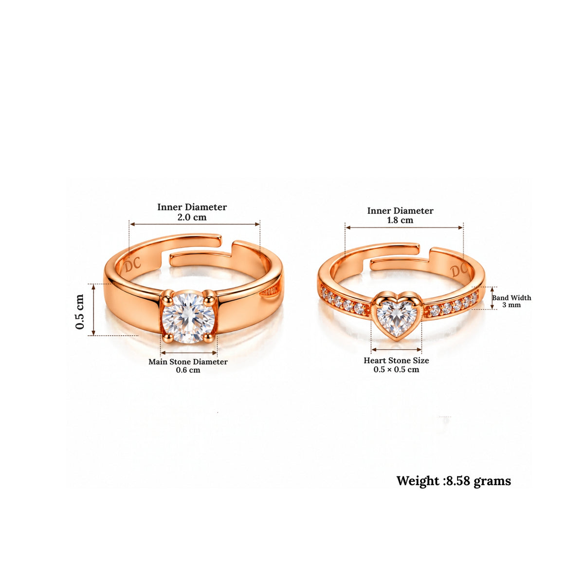 Rose Gold Couple Rings Set for Men & Women | Matching Heart & Solitaire