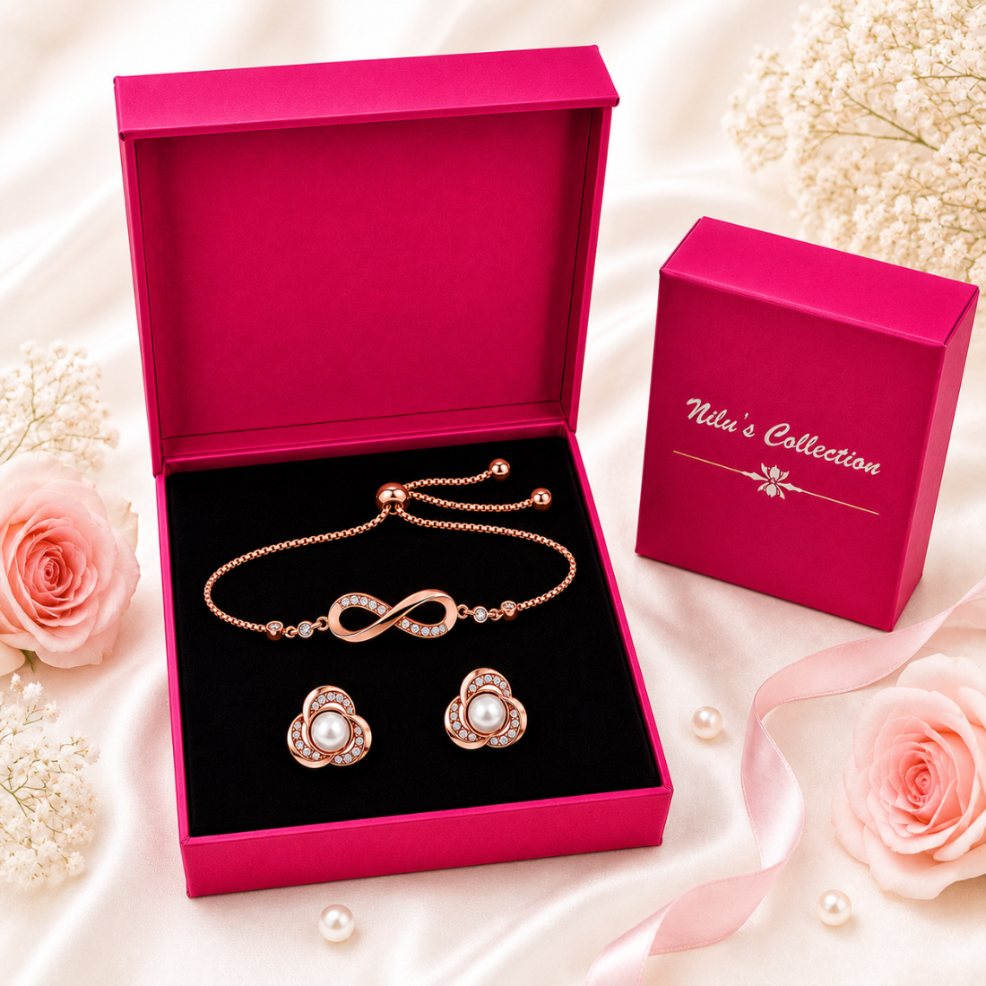 Rose Gold Infinity Bracelet & Pearl Stud Earrings Gift Set For Women