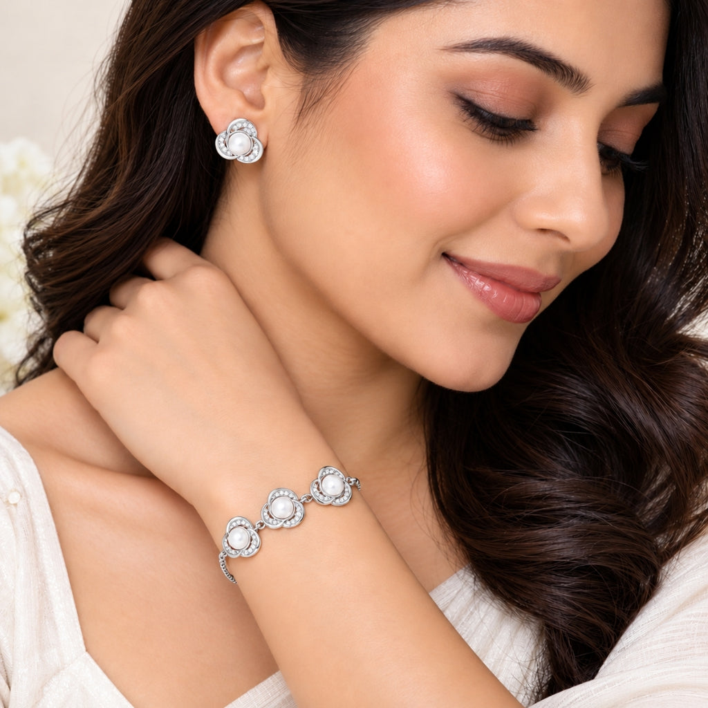 Silver Finish Pearl Floral Bracelet & Earrings for Women