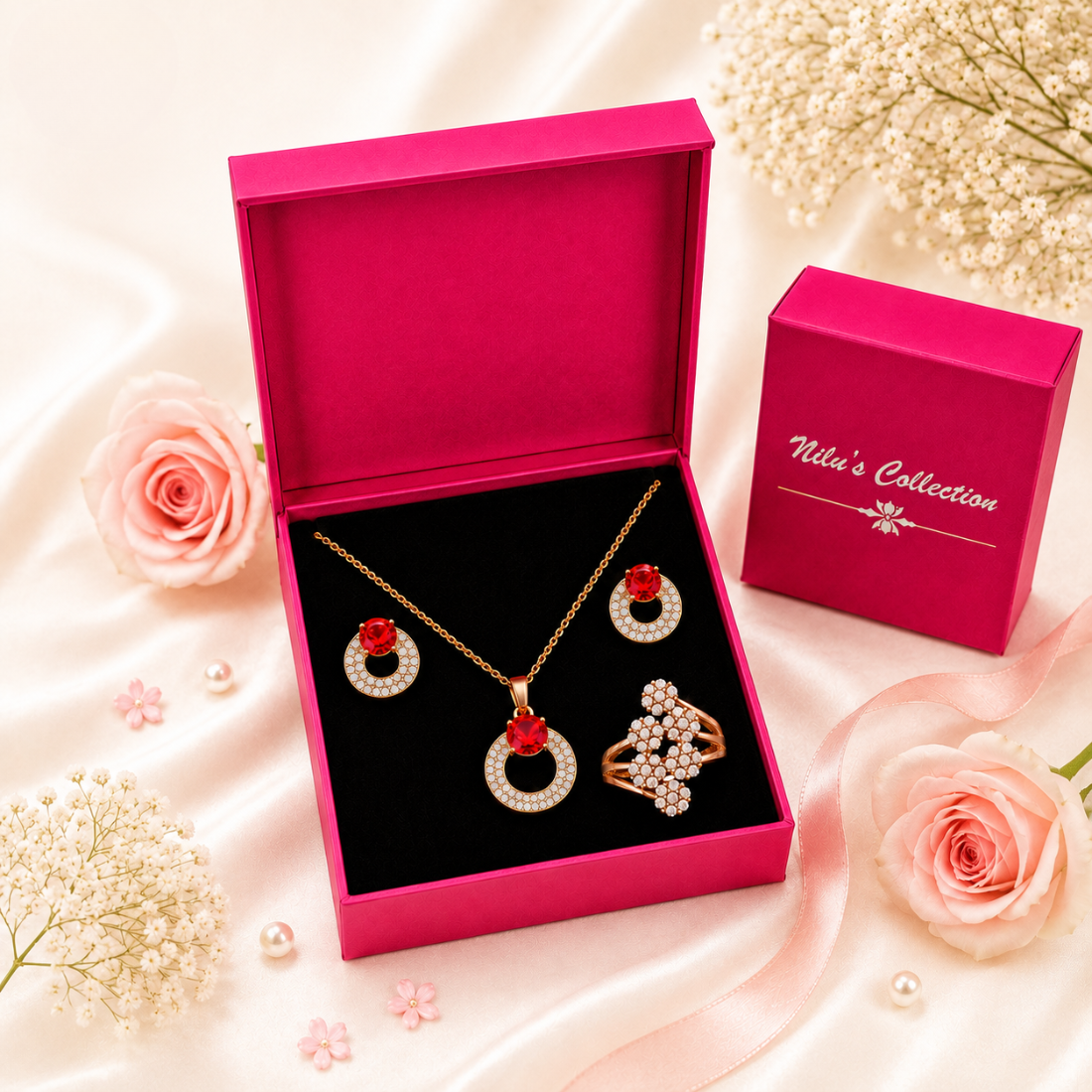 Rose Gold Red Stone Jewellery Gift Set for Women