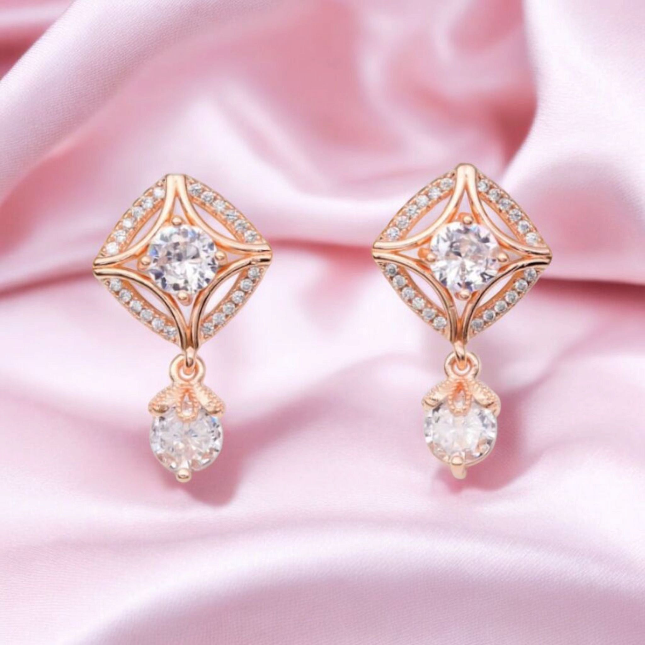 18k Rose Gold Plated American Diamond Stone Drop Earrings, Stylish Women & Girls Earrings