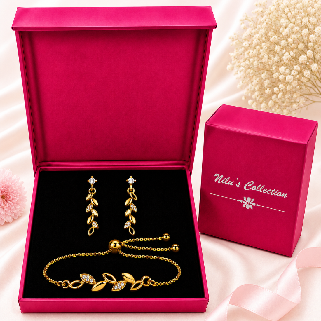 Gold Leaf Bracelet With Drop Earrings For Women
