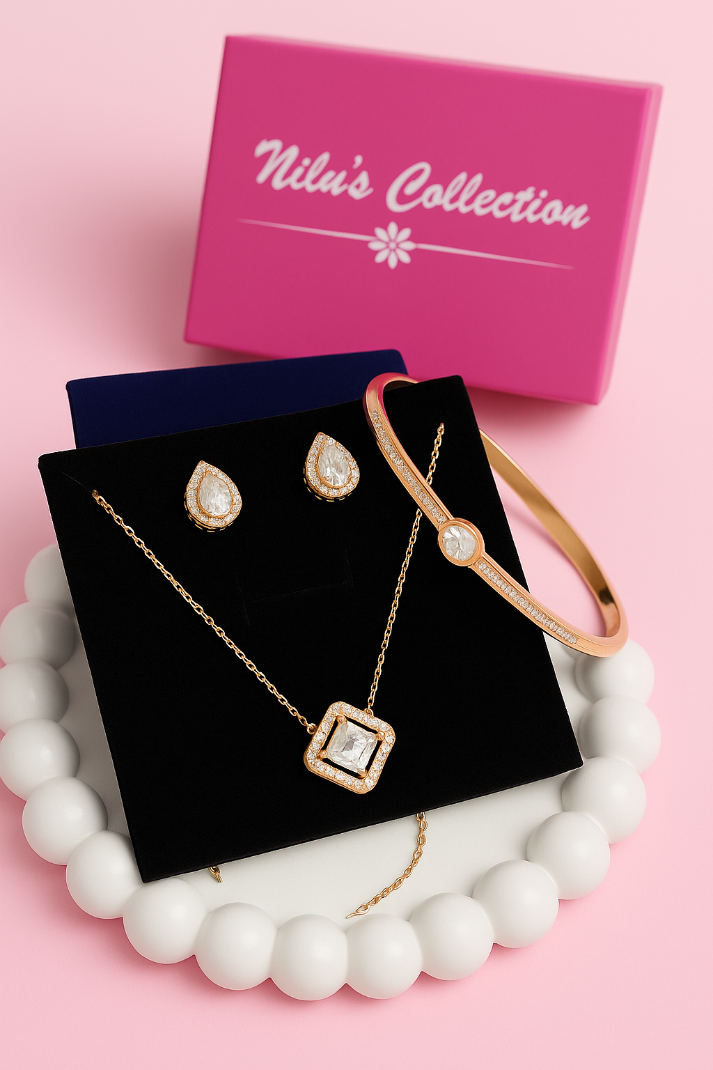 Gift Rose Gold Plated Pendant With Earrings And Kada bracelet With American Diamond For Women And Girls