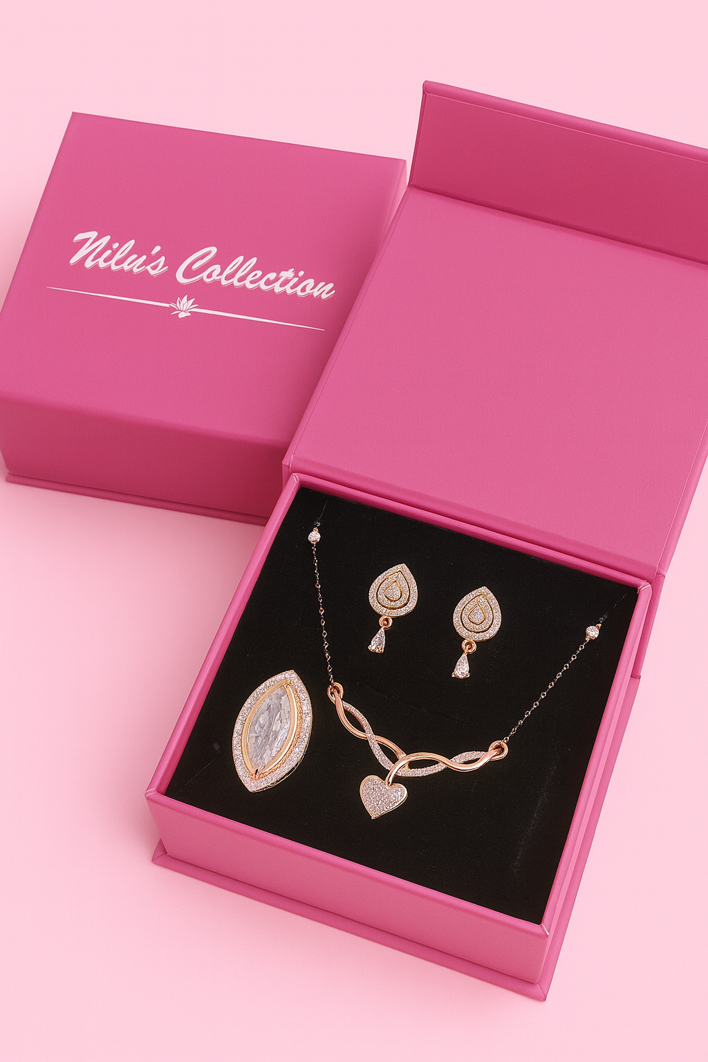 Gift Rose Gold Plated American Diamond Mangalsuthra with Earrings And Ring For Women