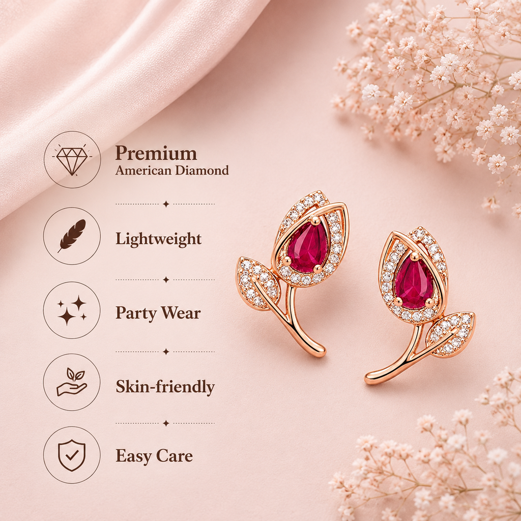 Rose Gold Floral Stud Earrings With Pink Stone