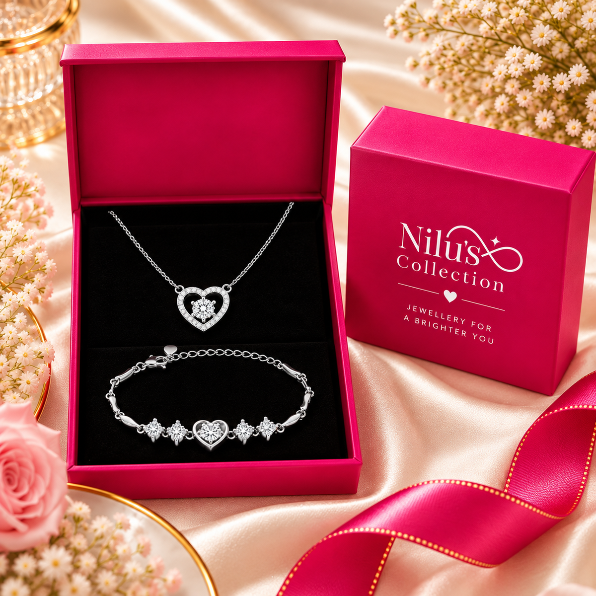 Silver Heart Pendant Necklace & Bracelet