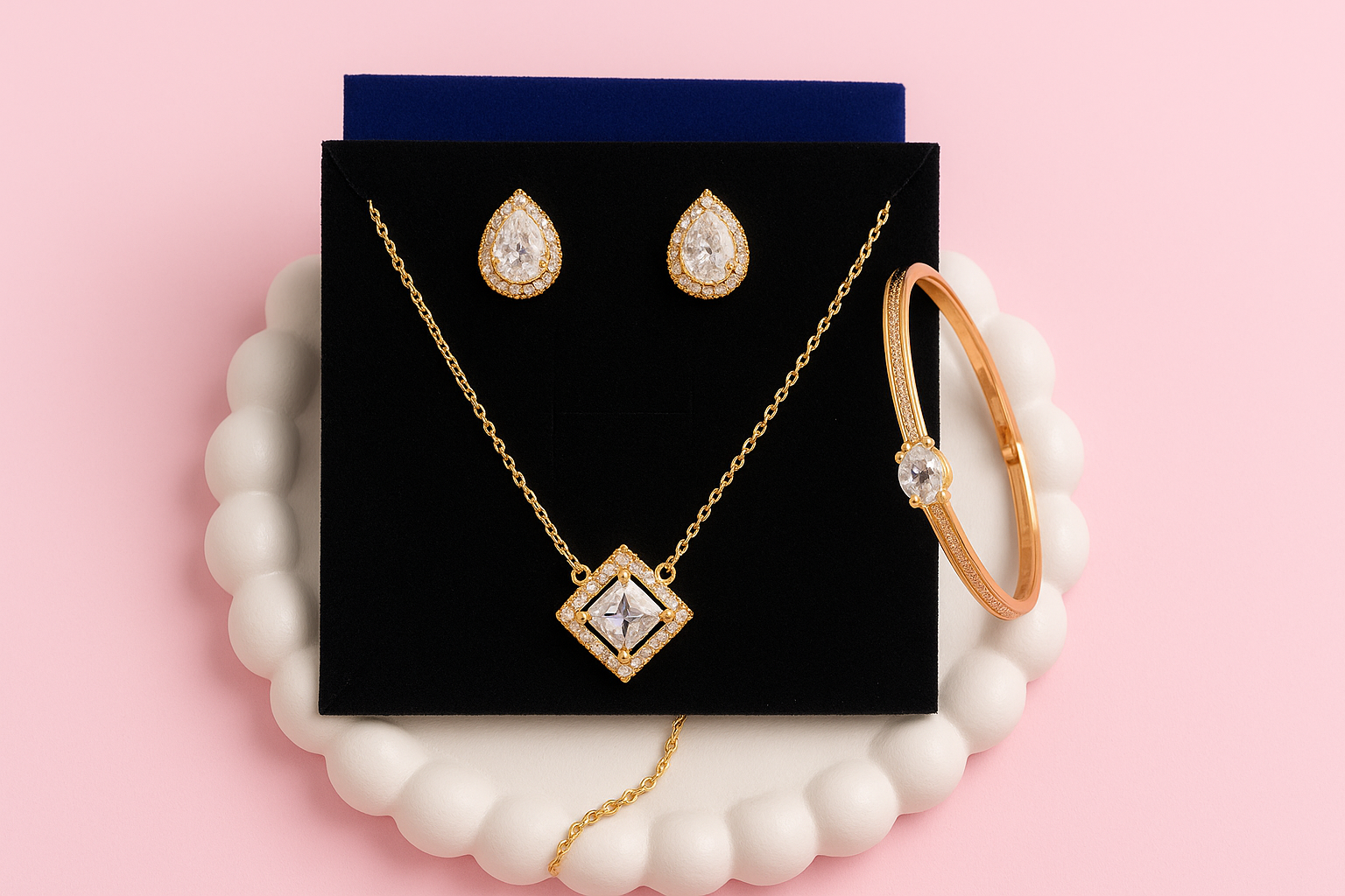 Gift Rose Gold Plated Pendant With Earrings And Kada bracelet With American Diamond For Women And Girls