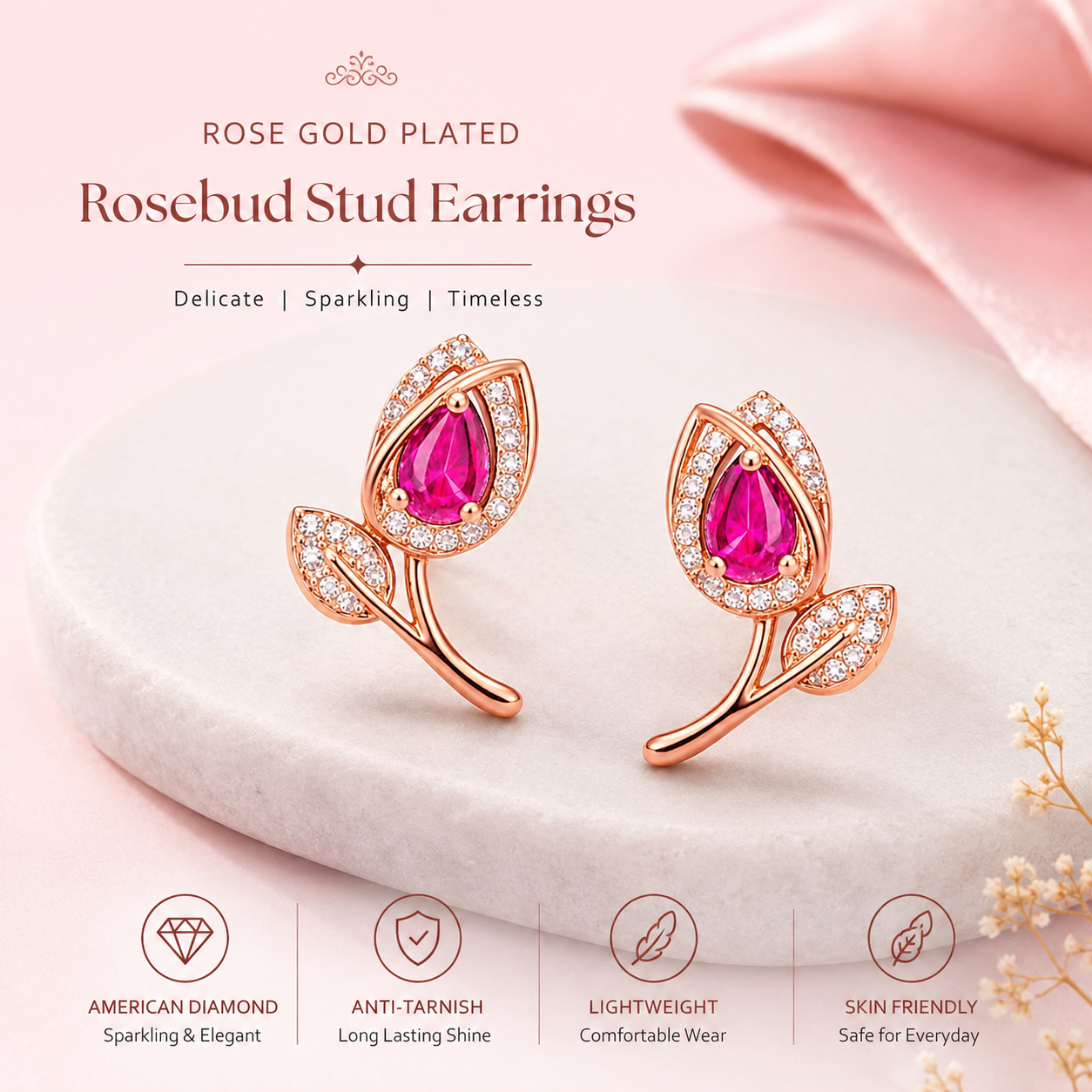 Rose Gold Floral Stud Earrings With Pink Stone
