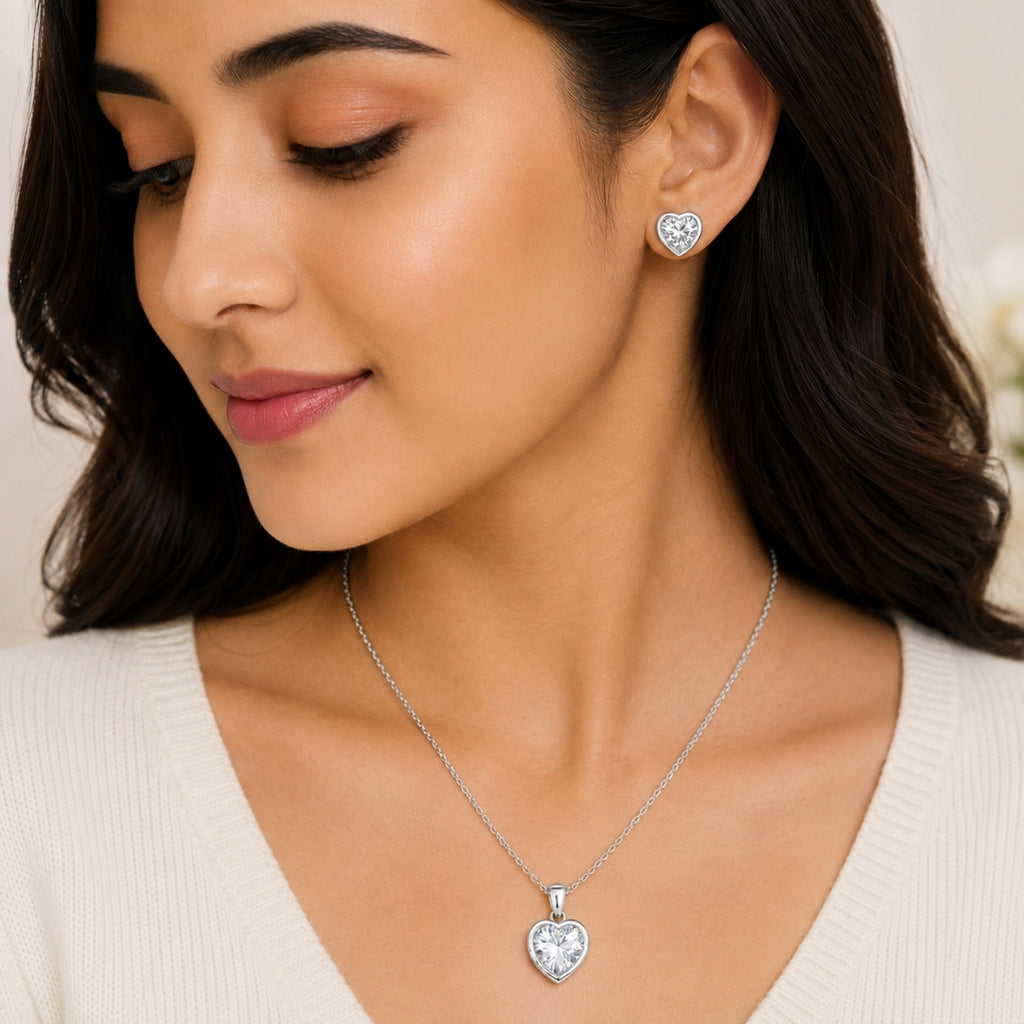 Silver Heart Pendant With Earrings For Women