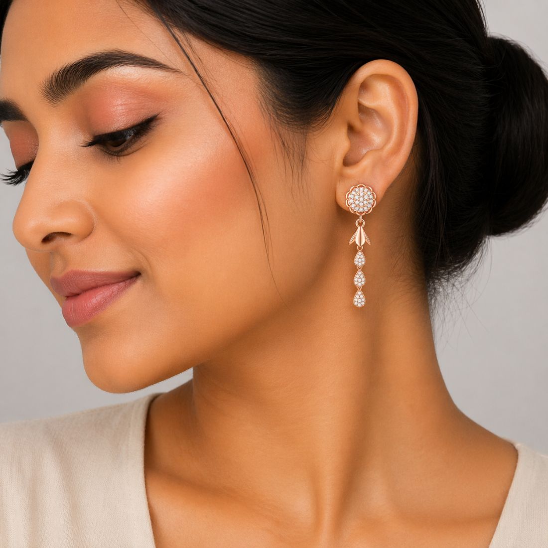 Rose Gold Round Floral Jhumki Drop Earrings