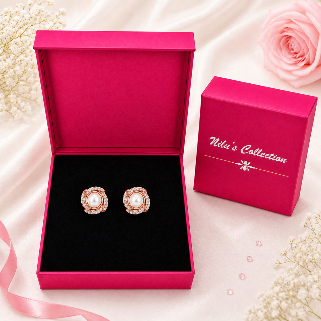 Rose Gold Tulip Bracelet & Pearl Stud Earrings Gift Set For Women