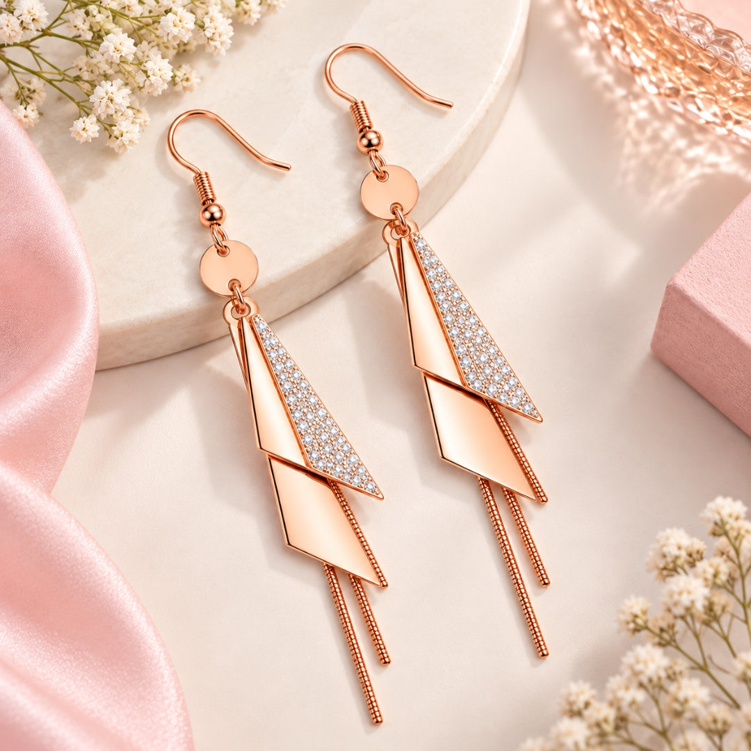 Rose Gold Plated Long Dangle Earrings For Women