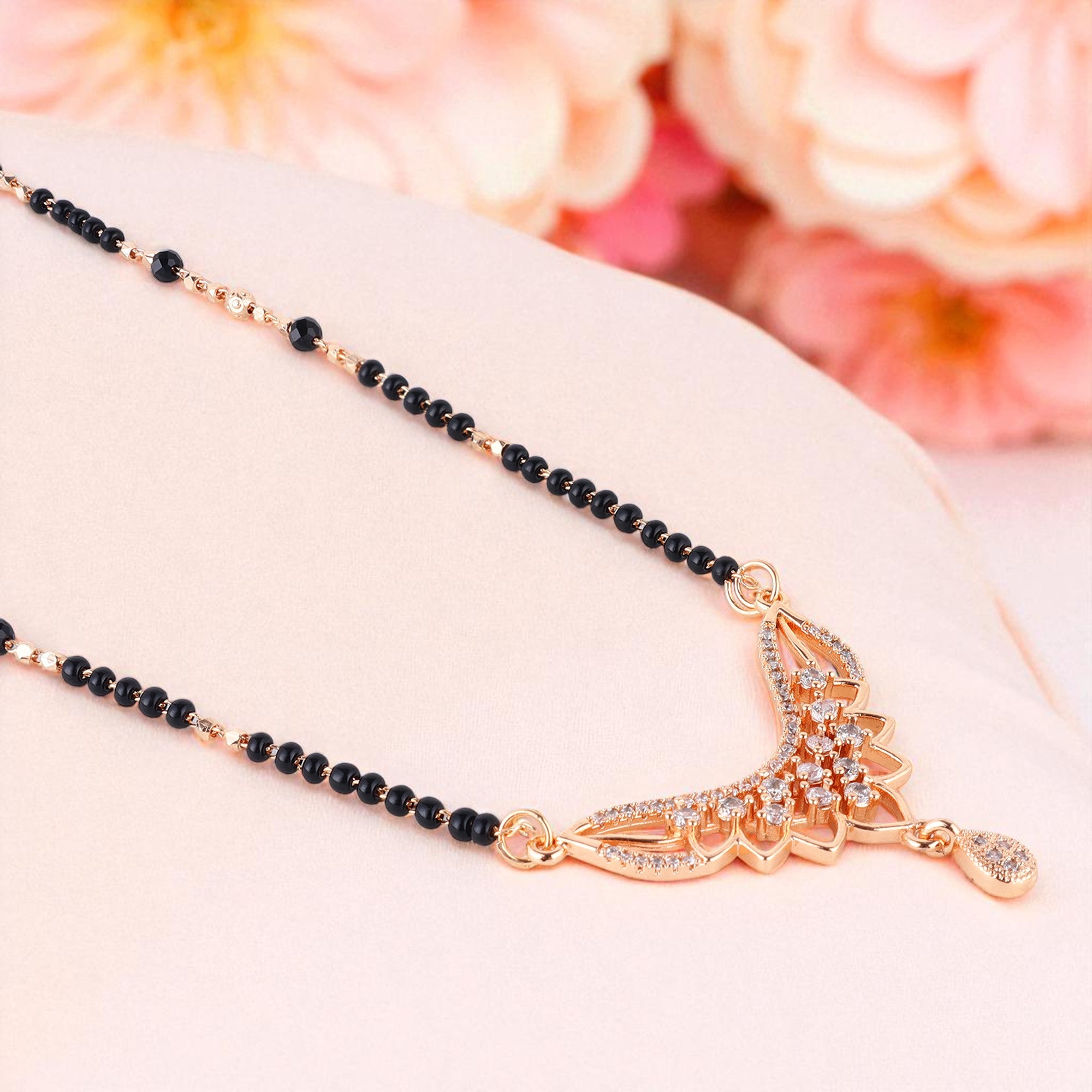 Nilu's Collection Rose Gold Plated CZ Stones Mangalsutra with Black Beads for Women
