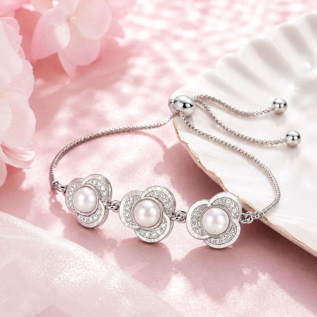 silver Pearl Floral Bracelet
