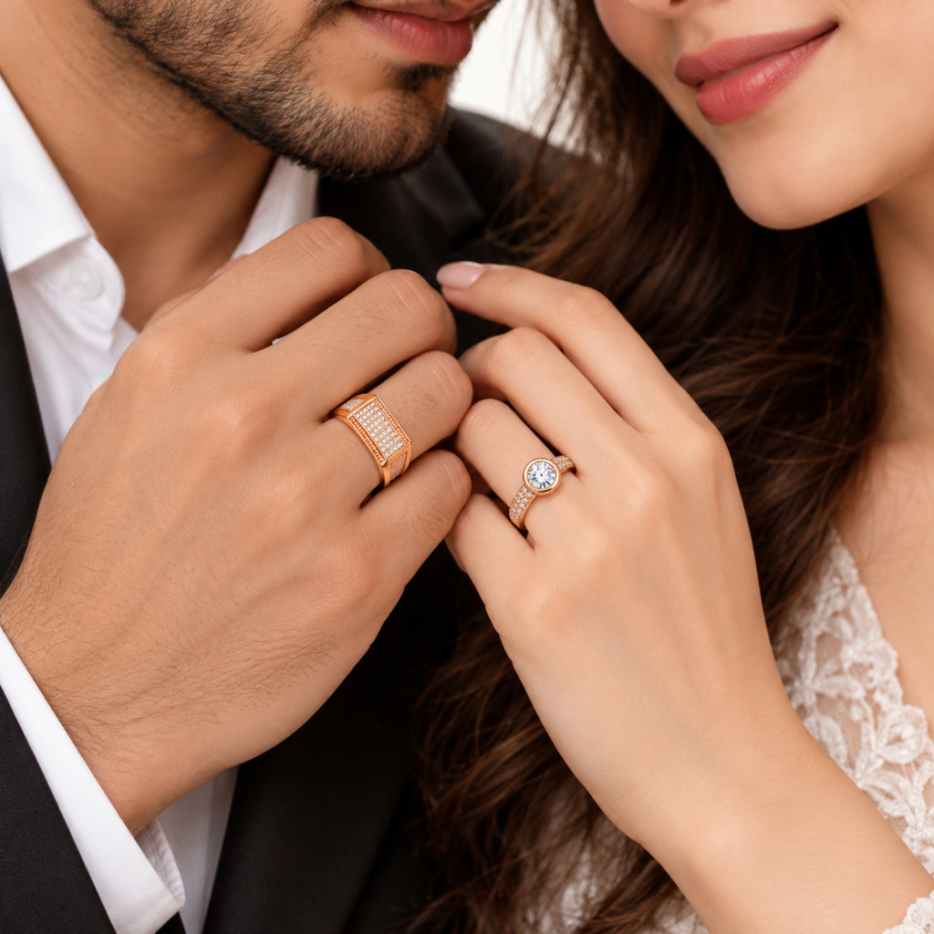 Rose Gold Solitaire Couple Rings for Men & Women