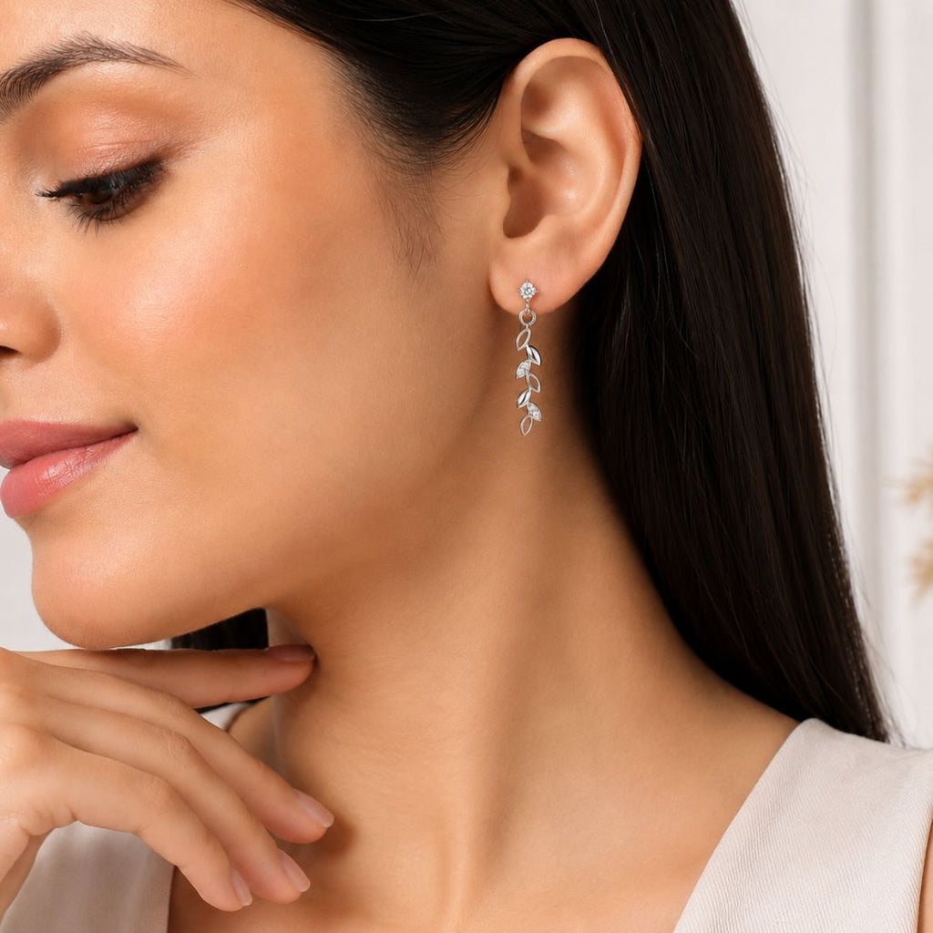 Rhodium Plated Leaf Drop Earrings for Women
