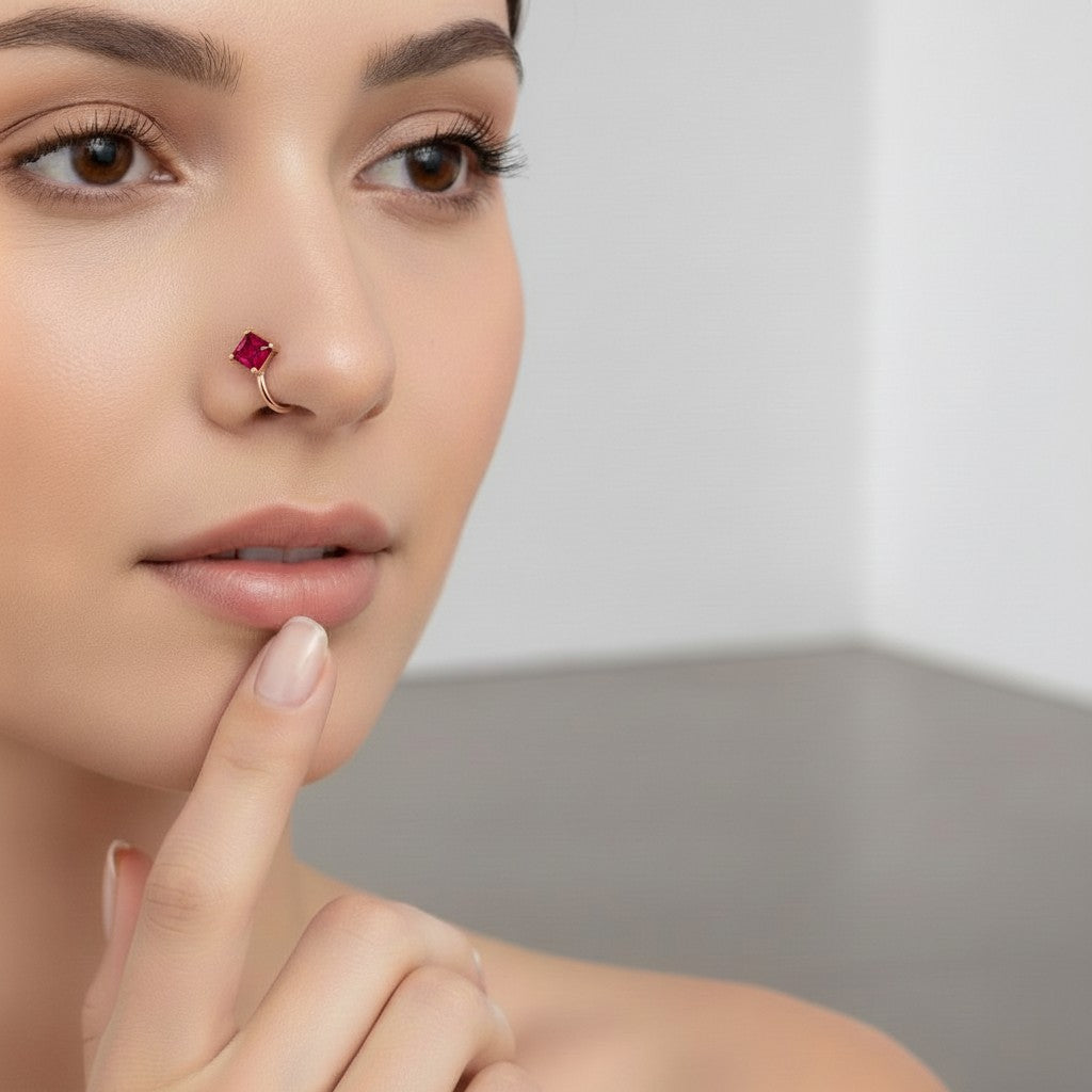 Rose Gold Plated Red Stone Non Piercing Nose Pin