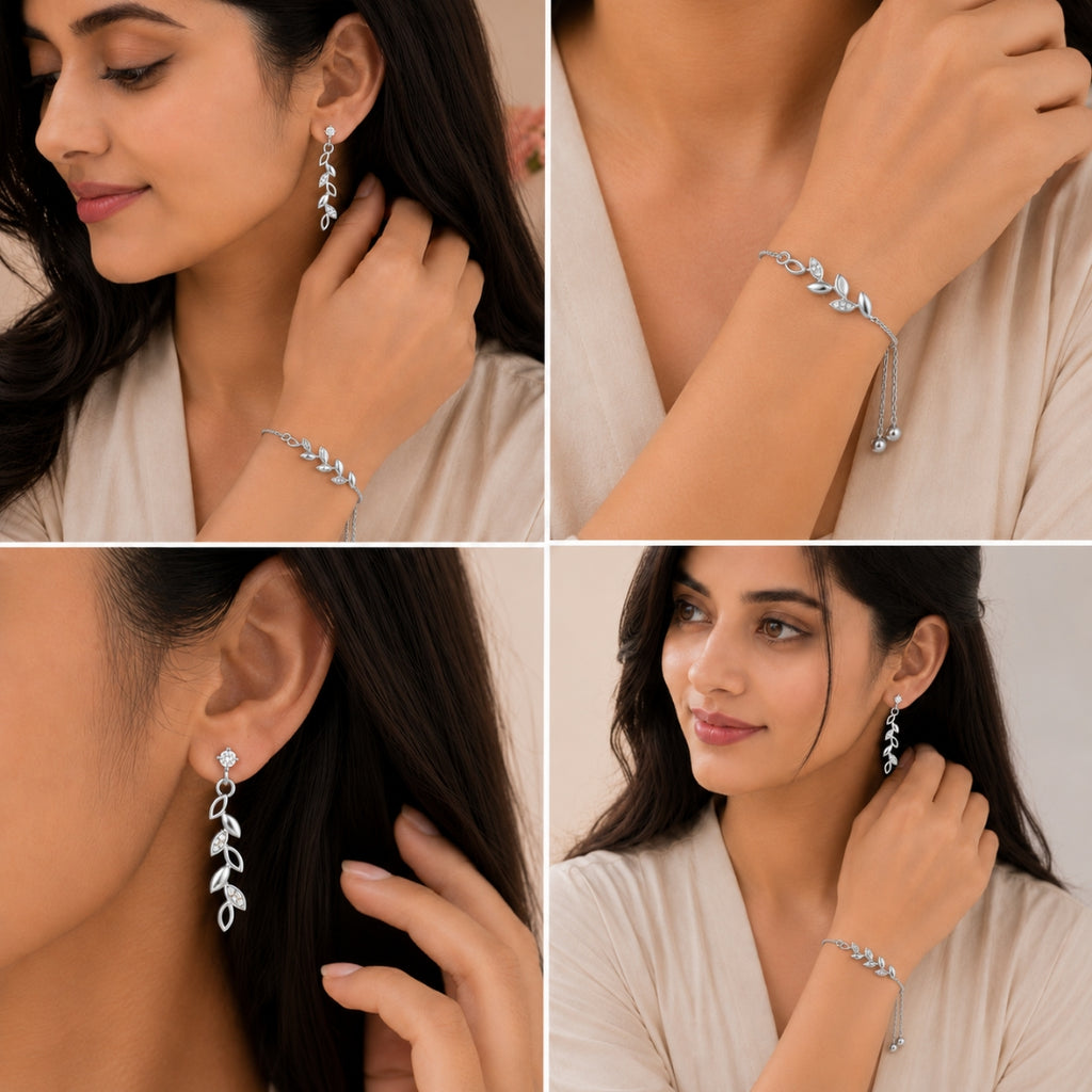Silver Leaf Bracelet With Drop Earrings for Women