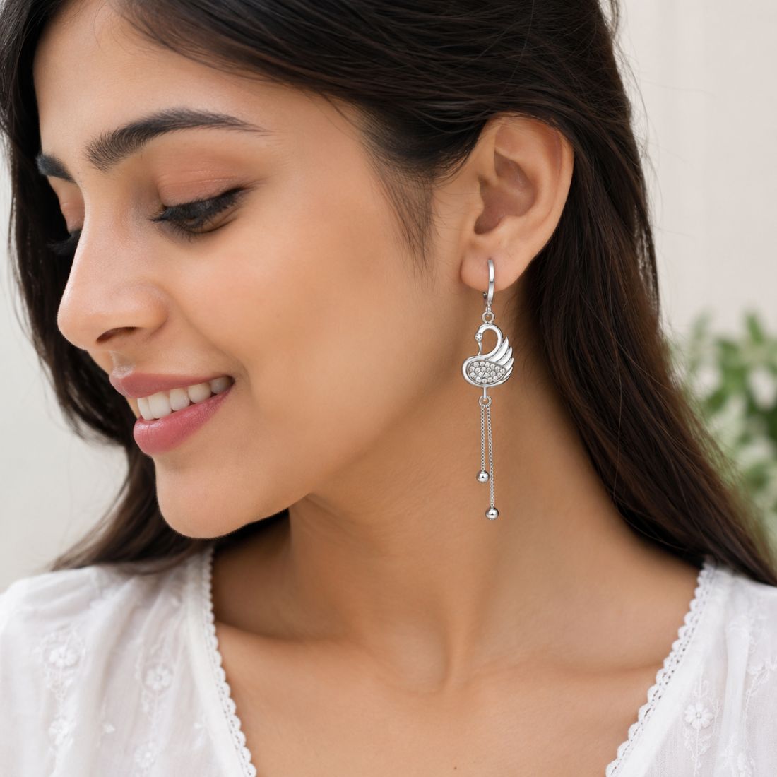 Silver Swan Dangle Earrings For Women