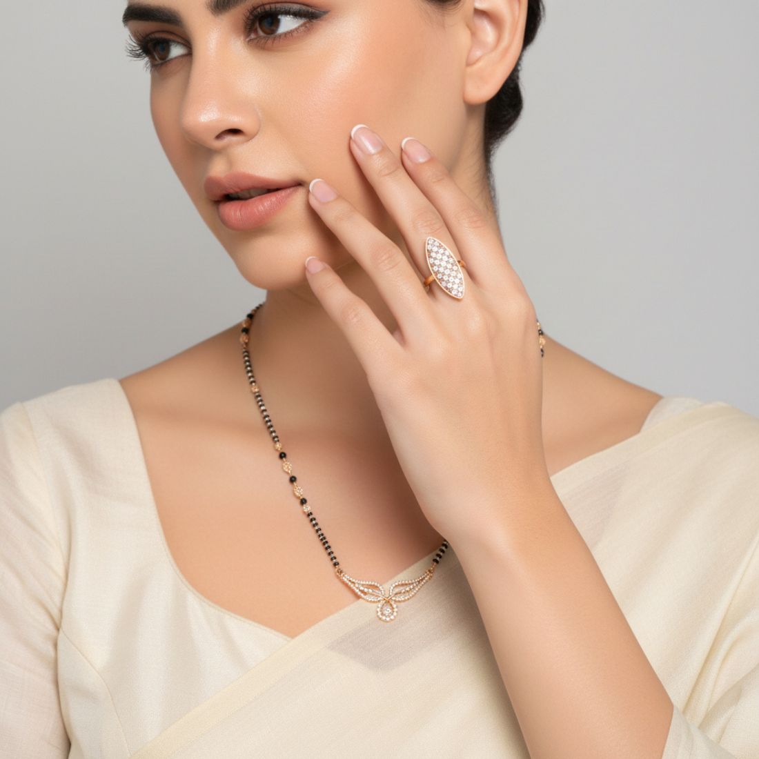 Nilu's Collection Rose Gold Plated American Diamond Mangalsutra with Finger Ring for Women