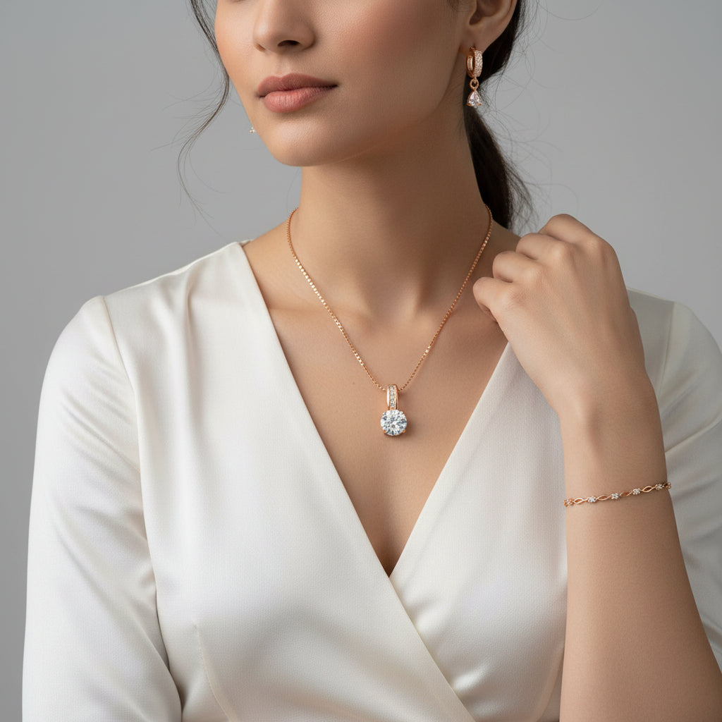 Rose Gold Plated Pendant With Earrings And Adjustable Bracelet For Women & Girls