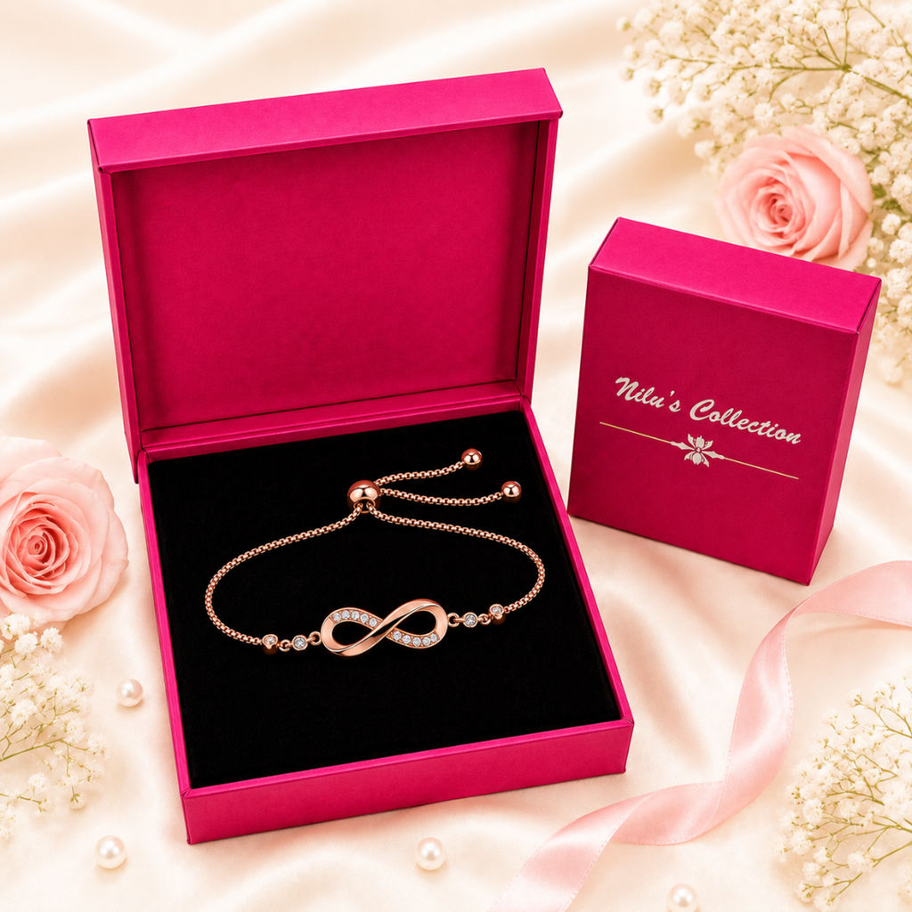 Rose Gold Infinity Bracelet & Pearl Stud Earrings Gift Set For Women