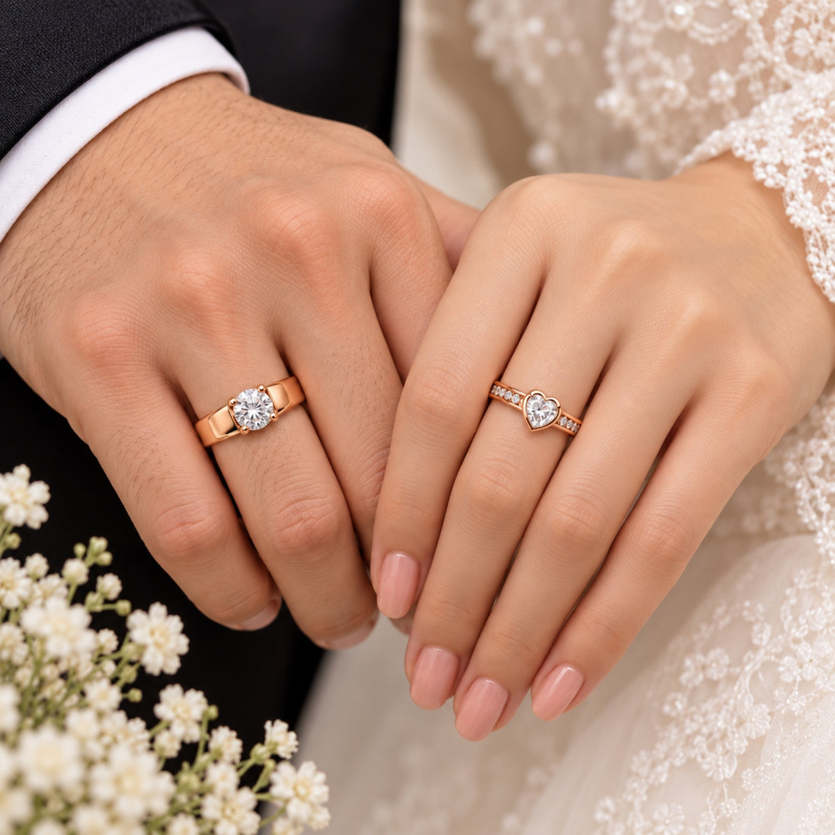 Rose Gold Couple Rings Set for Men & Women | Matching Heart & Solitaire