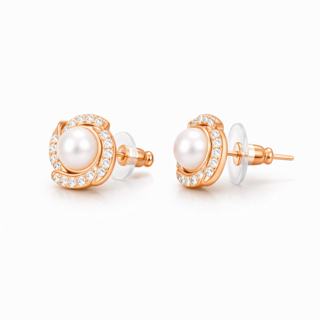 Rose Gold Pearl Stud Earrings For Women