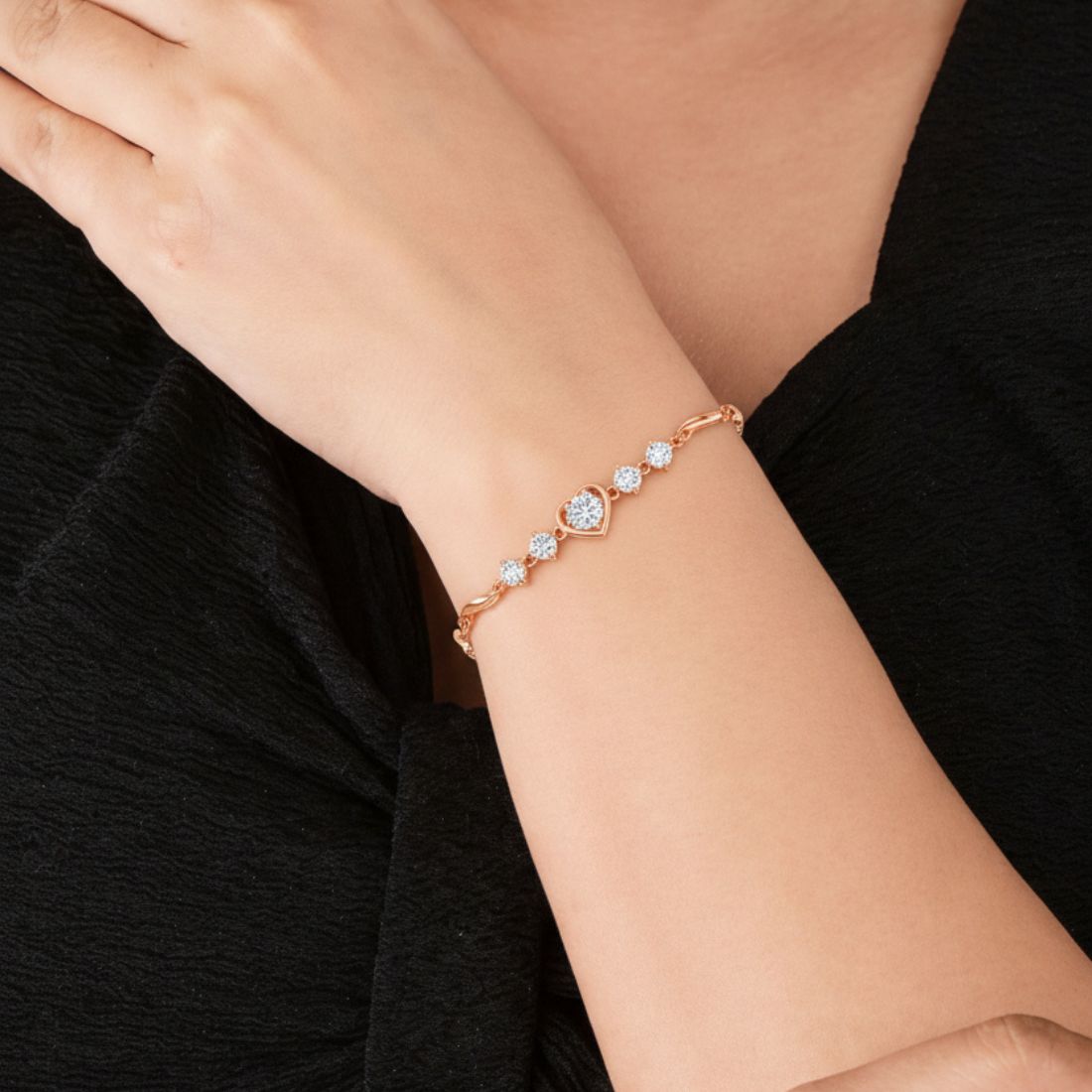 Rose Gold Plated Heart Design Bracelet with American Diamonds For Women And Girls | Anti-Tarnish | Anti-Allergy | Gift For Her