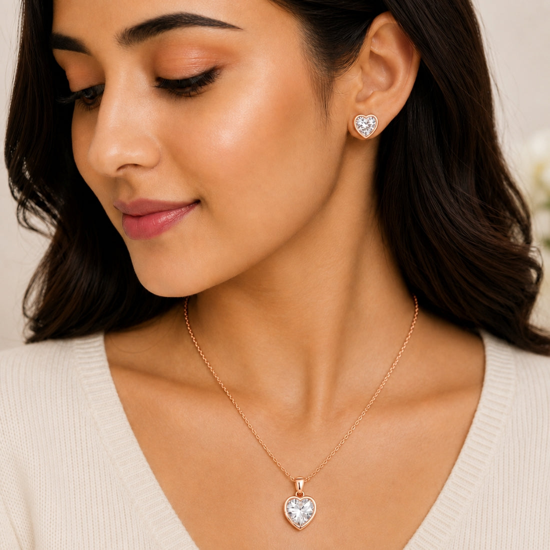 Rose Gold Heart Pendant With Earrings For Women