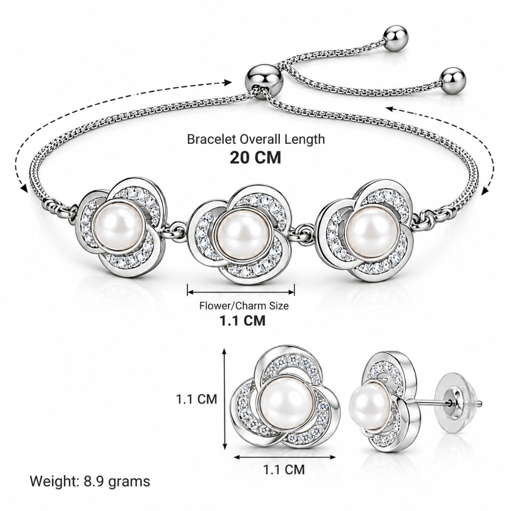 Silver Finish Pearl Floral Bracelet & Earrings for Women