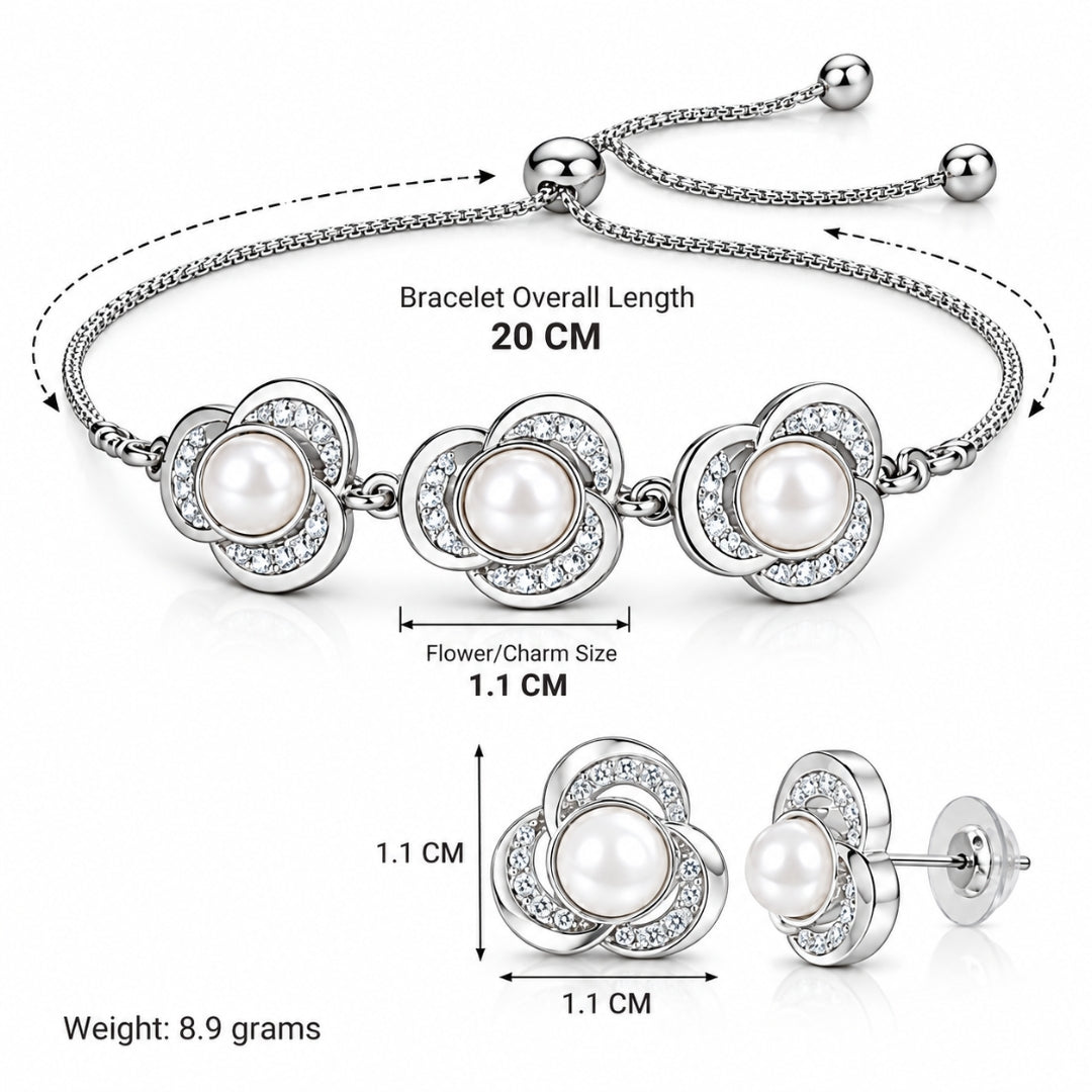 Silver Finish Pearl Floral Bracelet & Earrings for Women