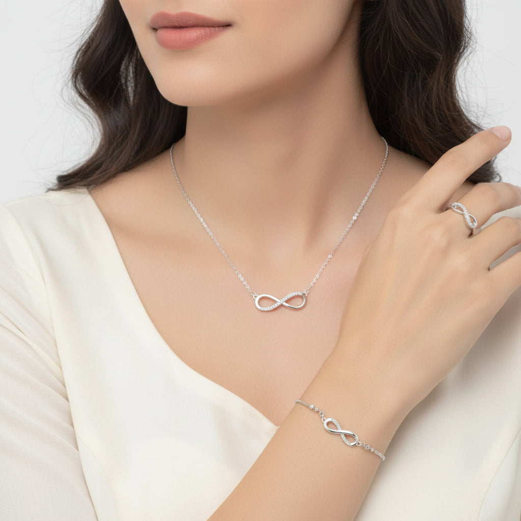 Nilu's Collection Silver Plated Infinity Pendant With bracelet ad finger Ring For Women And Girls