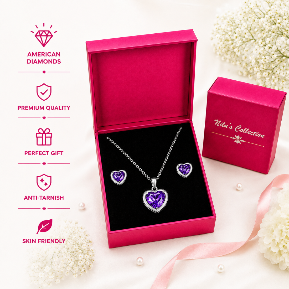 Silver Purple Heart Pendant With Earrings for Women