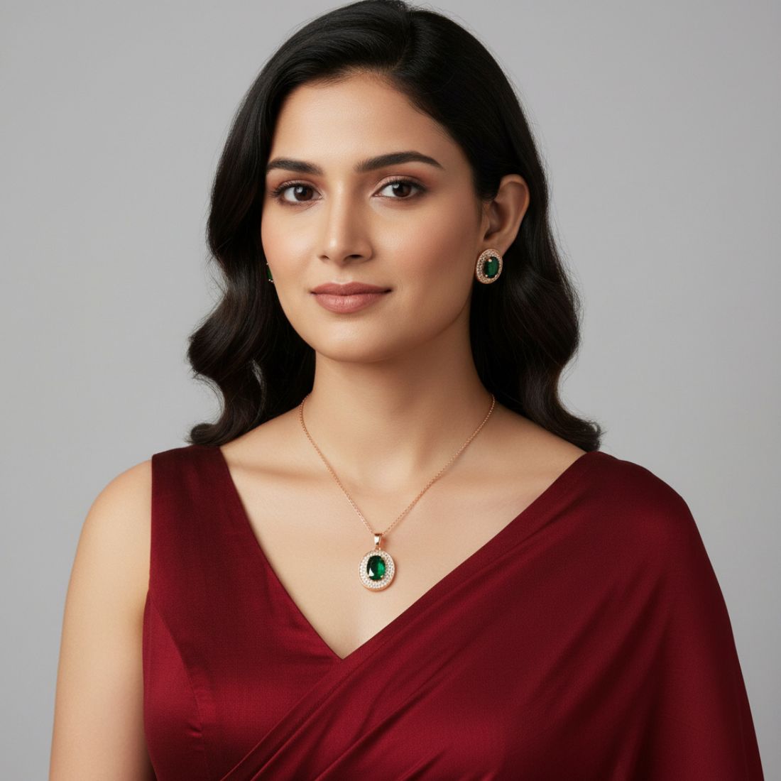 Nilu's Collection Rose Gold Plated Green Oval Necklace With Stud Earrings for Women And Girls | Anti-Tarnish | Anti-Allergy| Office Wear