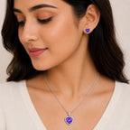 Silver Purple Heart Pendant With Earrings for Women