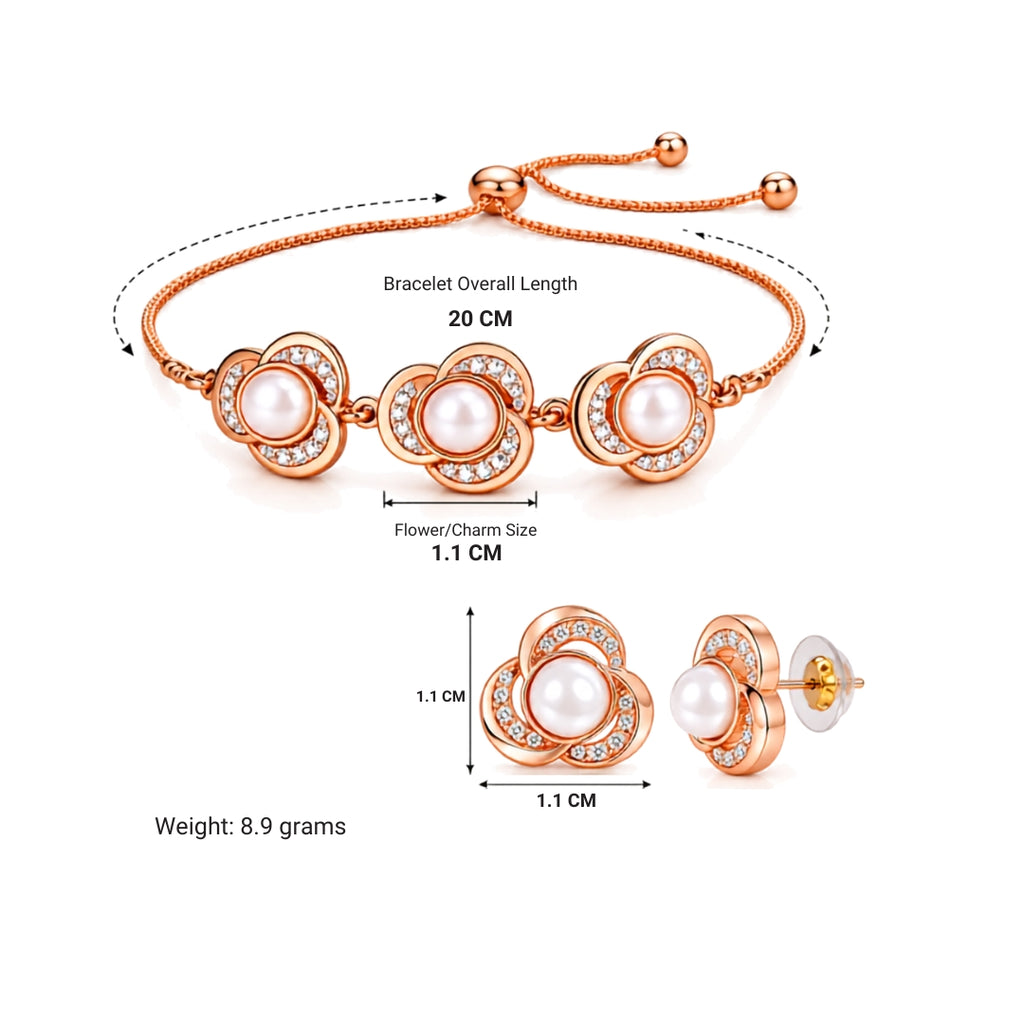 Rose Gold Pearl Floral Bracelet & Earrings For Women