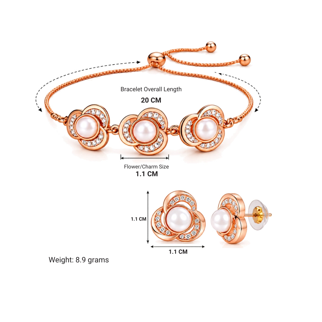 Rose Gold Pearl Floral Bracelet & Earrings For Women