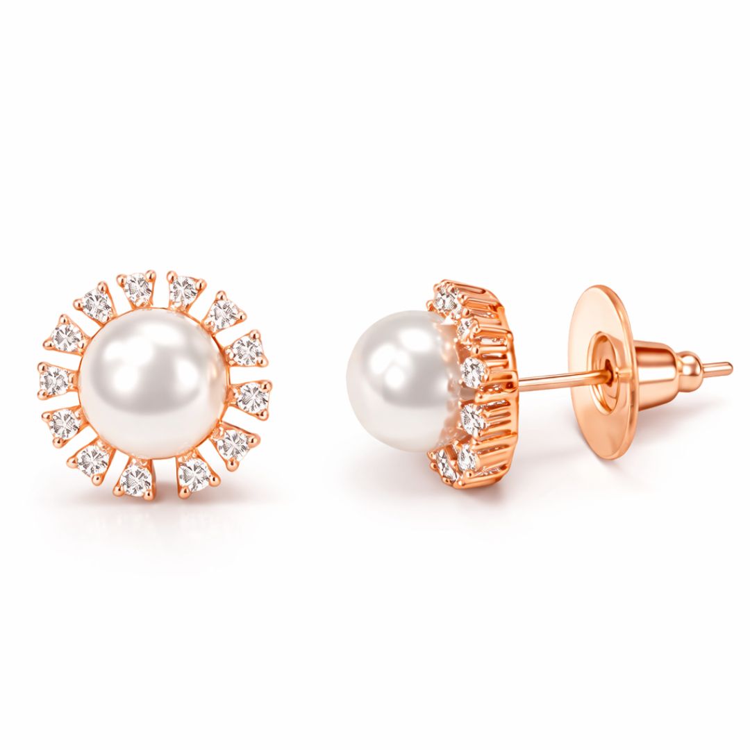 Rose Gold Round Pearl Stud Earrings