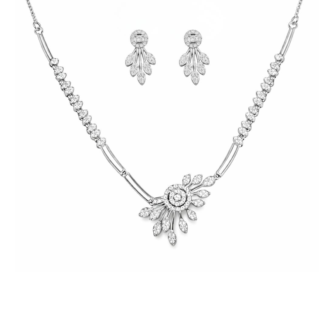 Silver Floral Necklace with Earrings