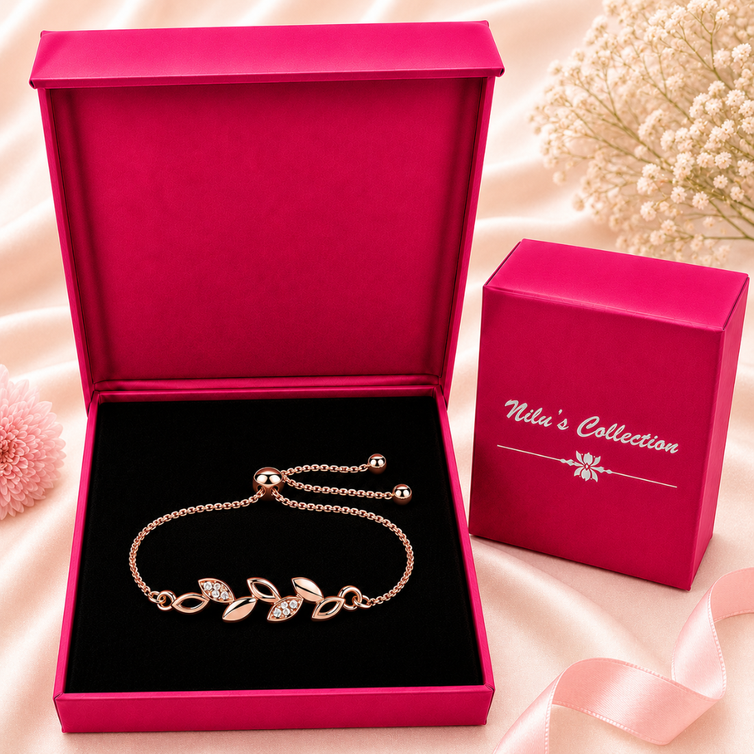 Rose Gold Leaf Bracelet With Drop Earrings For Women