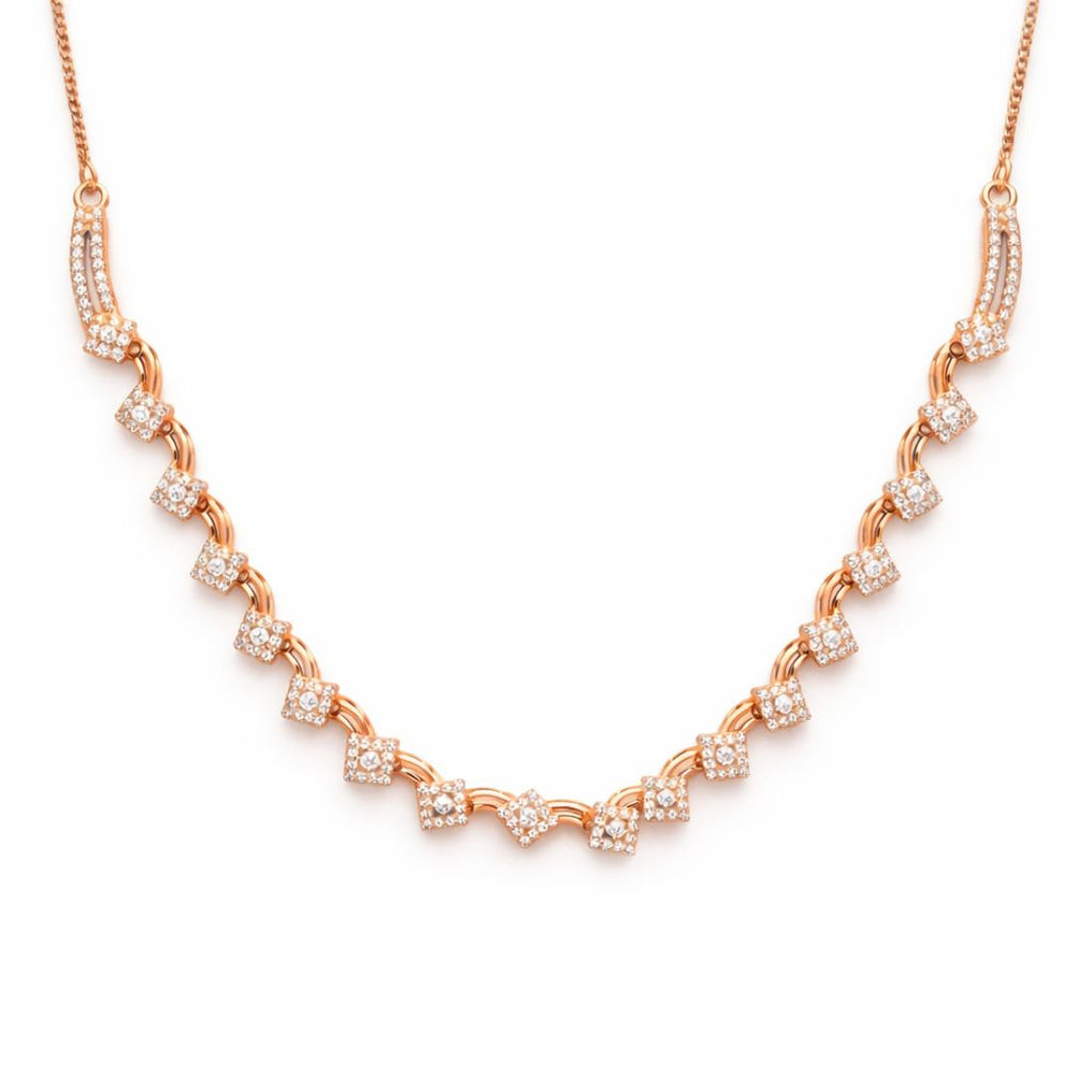 Nilu's Collection Rose Gold Plated American Diamond Square Floral Design Necklace Set with Matching Earrings For Women And Girls
