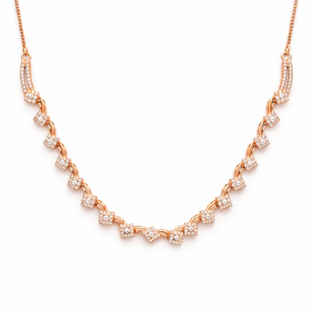Nilu's Collection Rose Gold Plated American Diamond Square Floral Design Necklace Set with Matching Earrings For Women And Girls