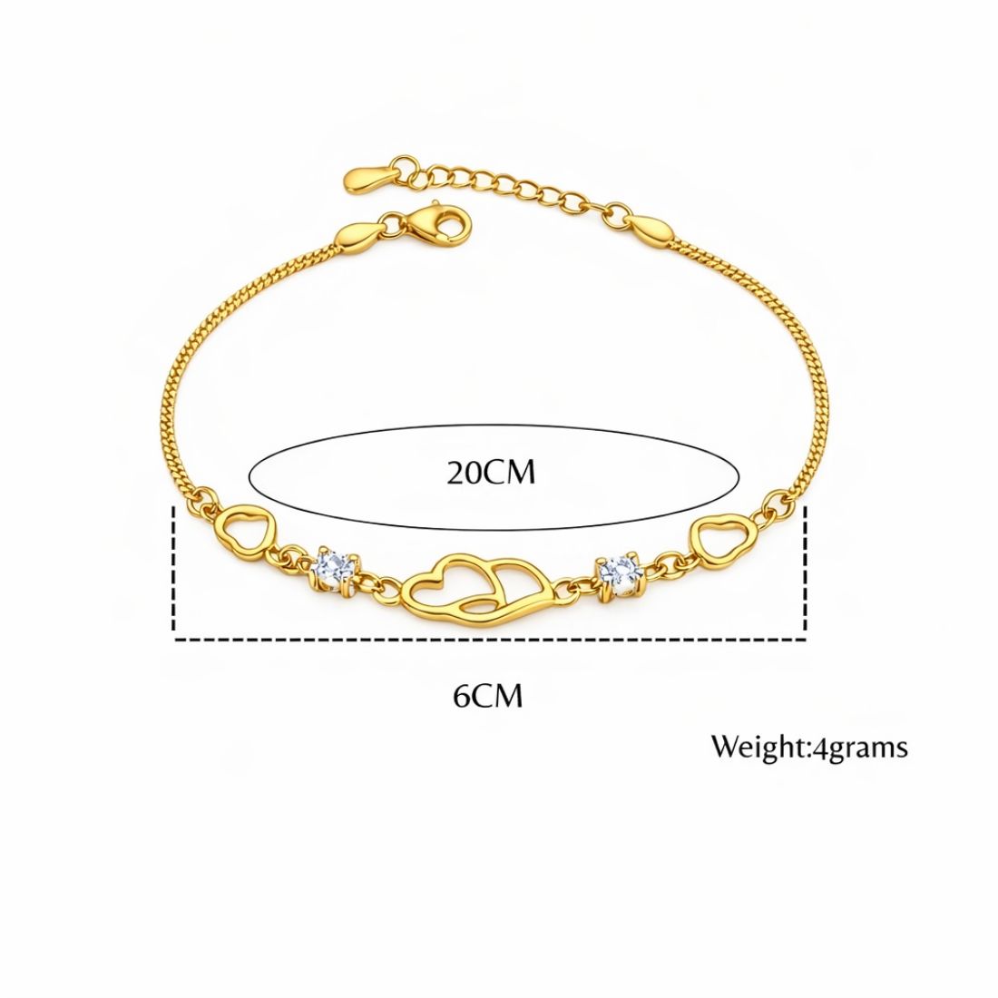 Double Heart Shape Gold Plated CZ Crystal Bracelet, Gift for Loved One, Valentine's Day Gift