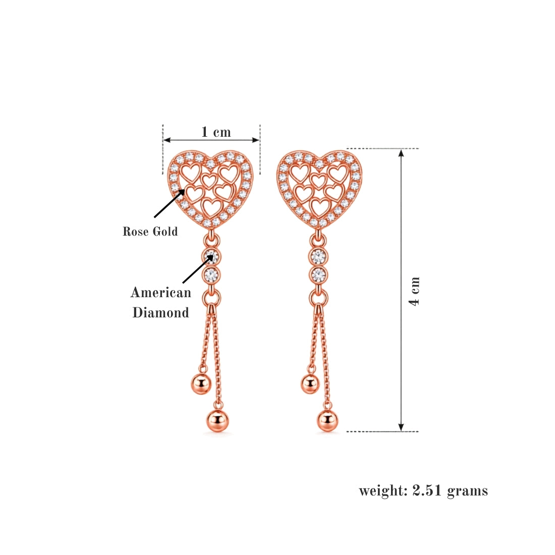 Rose Gold Plated Heart Design Dangling Earrings For Women And Girls