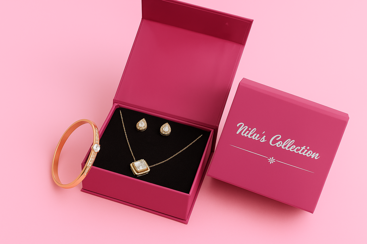 Gift Rose Gold Plated Pendant With Earrings And Kada bracelet With American Diamond For Women And Girls
