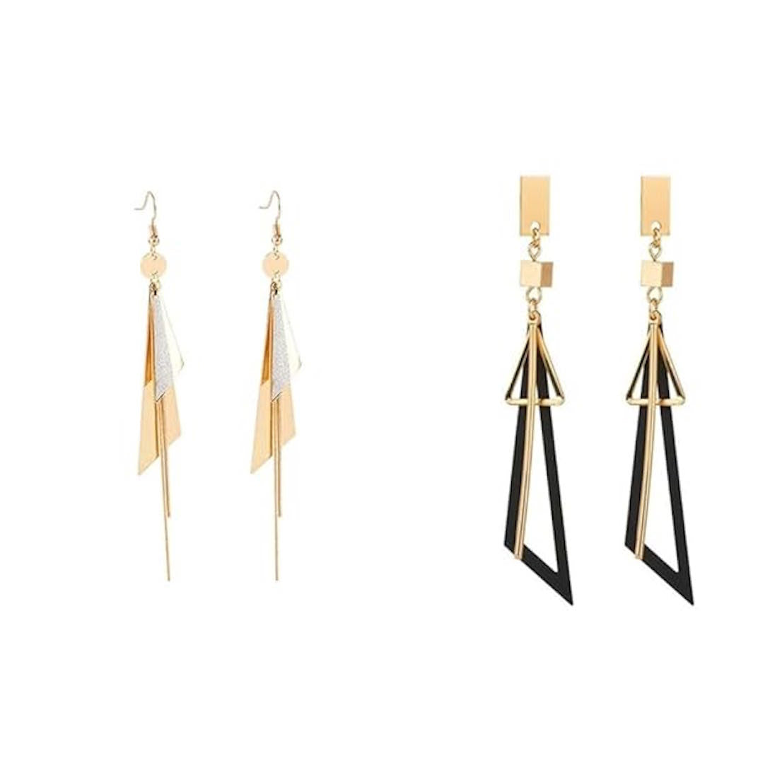 Gold Plated Geometric Triangle Long Tassel Drop Earrings for Women and Girls, Copper Triangular Drop Golden Danglers with Metal Chain