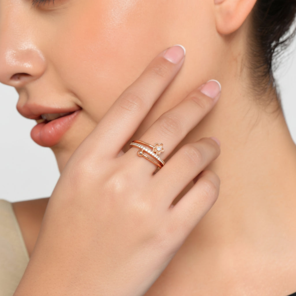 Rose Gold Plated | American Diamond Studded | Adjustable | Finger Ring for Women and Girls, Style 6