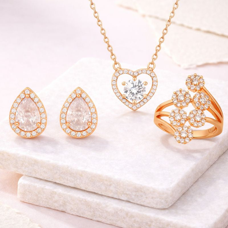 Harmony Hues Value Set Rose Gold Plated American Diamond Jewellery Set for Girls| Earrings, Pendant and Ring