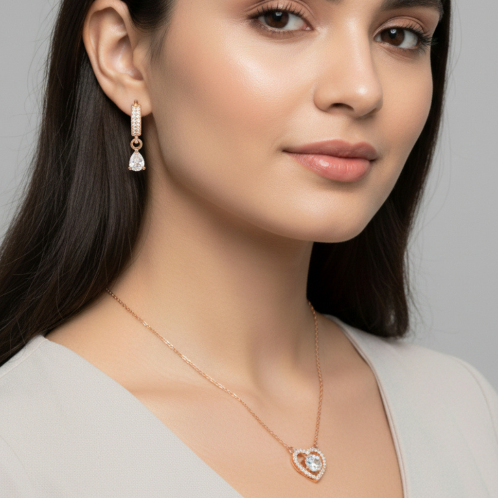 Gift Rose Gold Plated Heart Shape Pendant With Earrings For Women And Girls| Valentine Gift